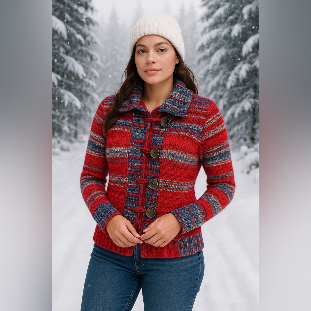 Beautiful Multicolored Red Striped Button-Up Cardigan Knit Sweater Size S
